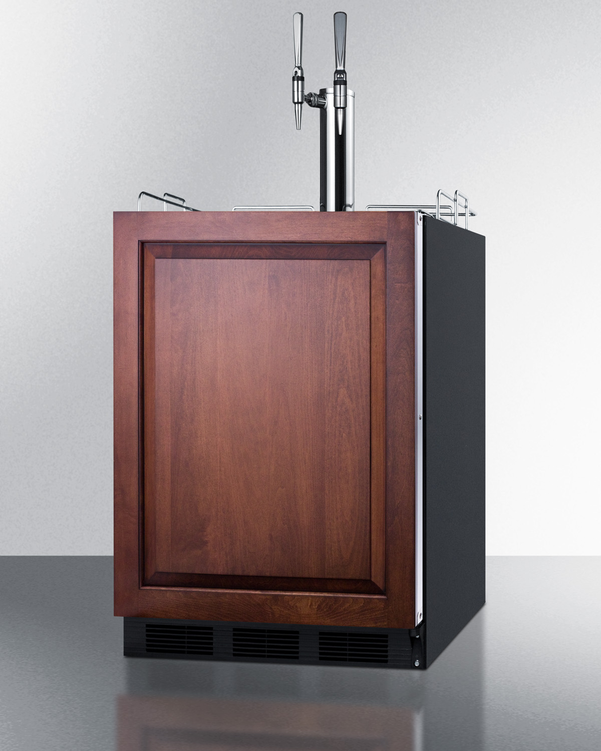 Built-in undercounter ADA height commercially listed dual tap nitro coffee dispenser with panel-ready door and black cabinet